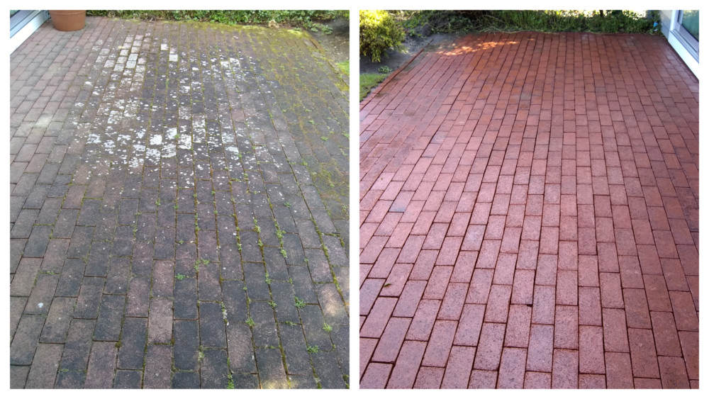 Brick patio before and after cleaning