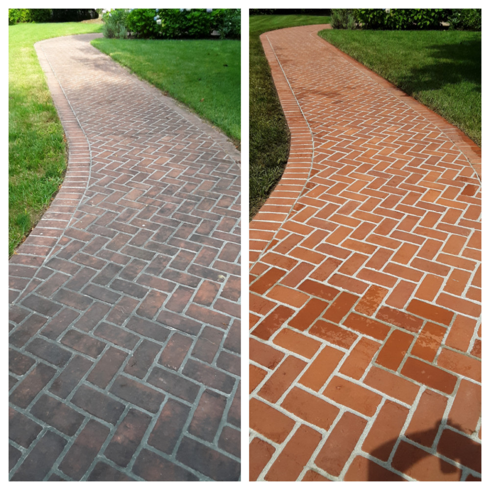 Brick walkway before and after cleaning