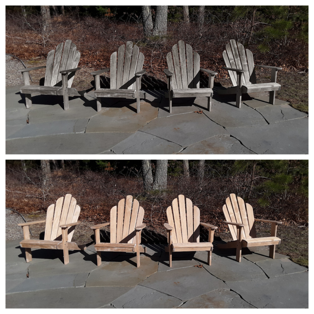 Teak Adirondack chairs before and after cleaning