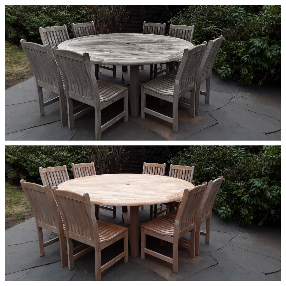 Teak table and chairs before and after cleaning