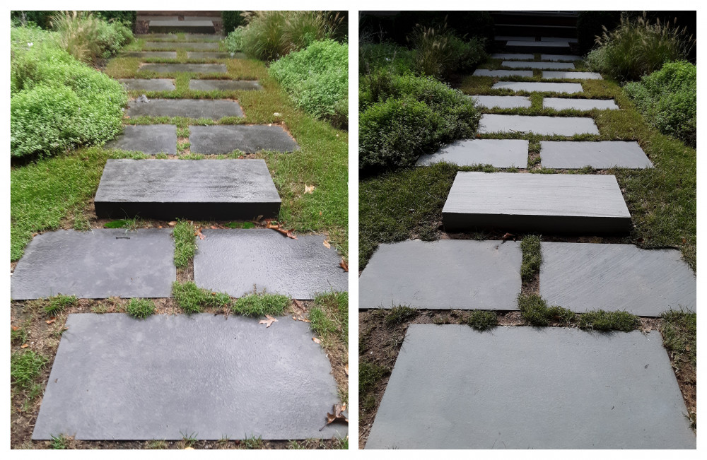 Blue stone stepping stones before and after cleaning
